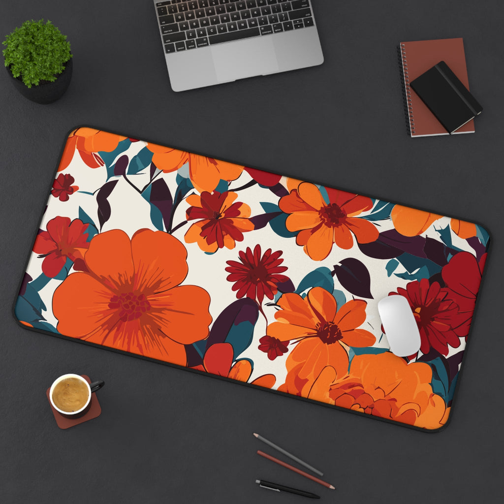 Vibrant Orange Floral Desk Mat | Retro Bloom Mouse Pad for Aesthetic Workspaces