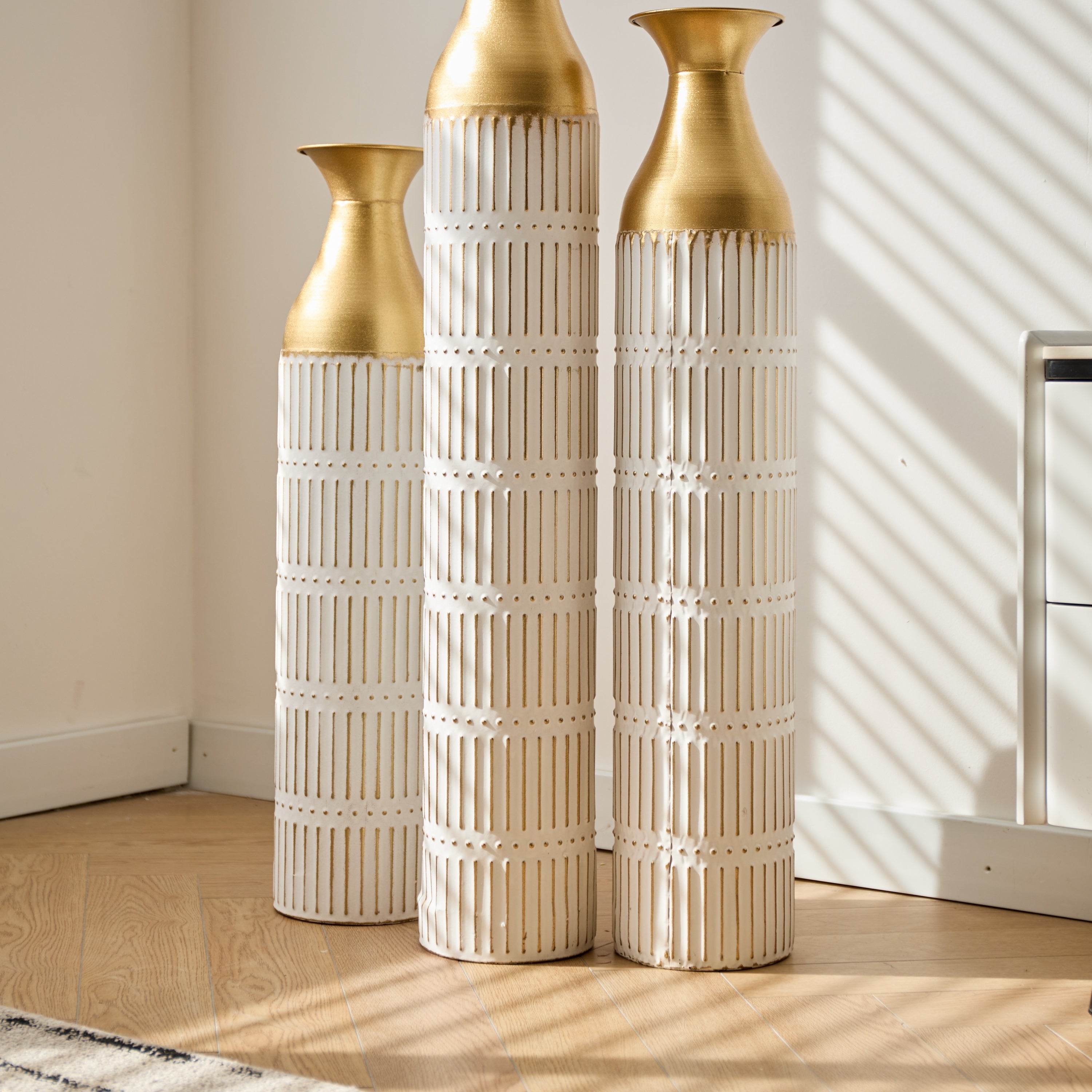 Floor Metal Vases Decorated White Metal Vases Set of 3 Gorgeous Home Decoration Large Glazed Metal Vases 24in/28.7in/33.5in Height