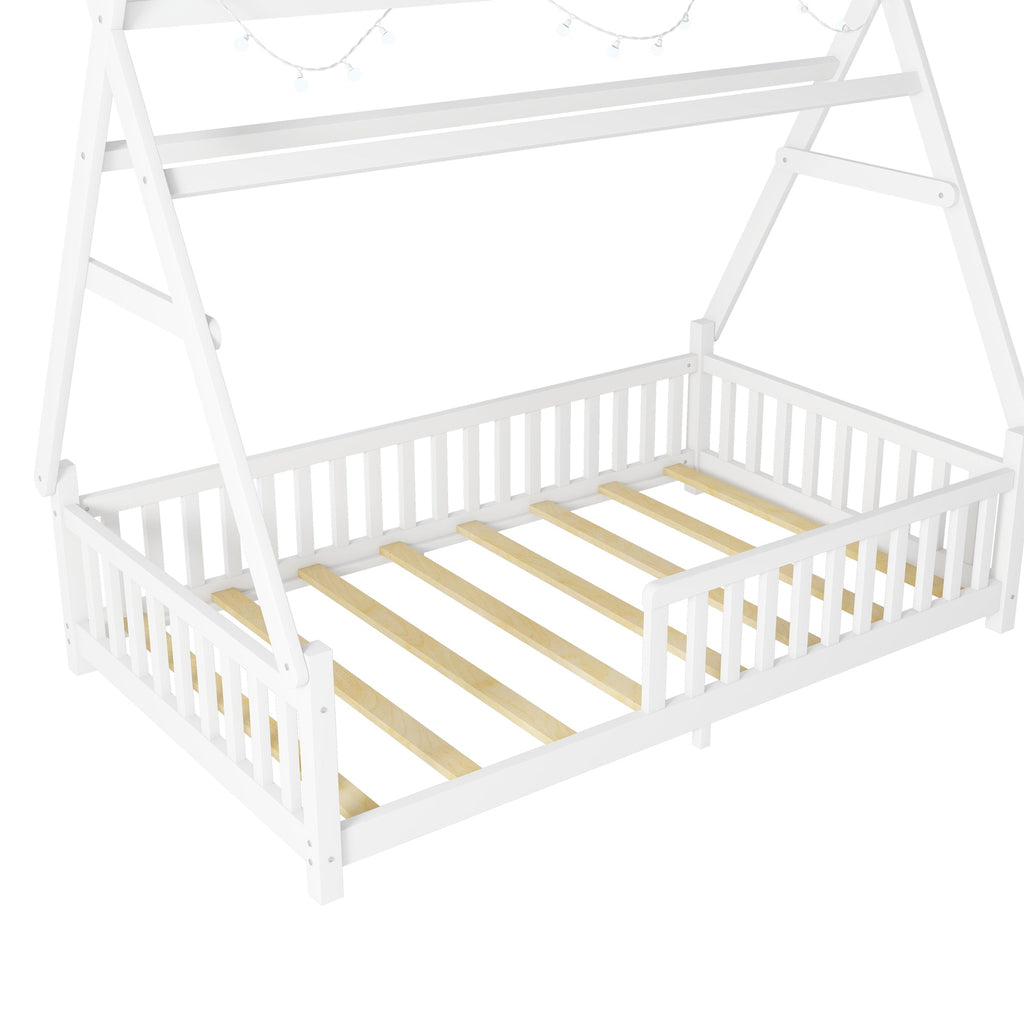 Twin House Bed with Light, Low Floor House Bed with Fence and Roof for Kids Boys Girls,White(Expect arrive date 2025/7/20)