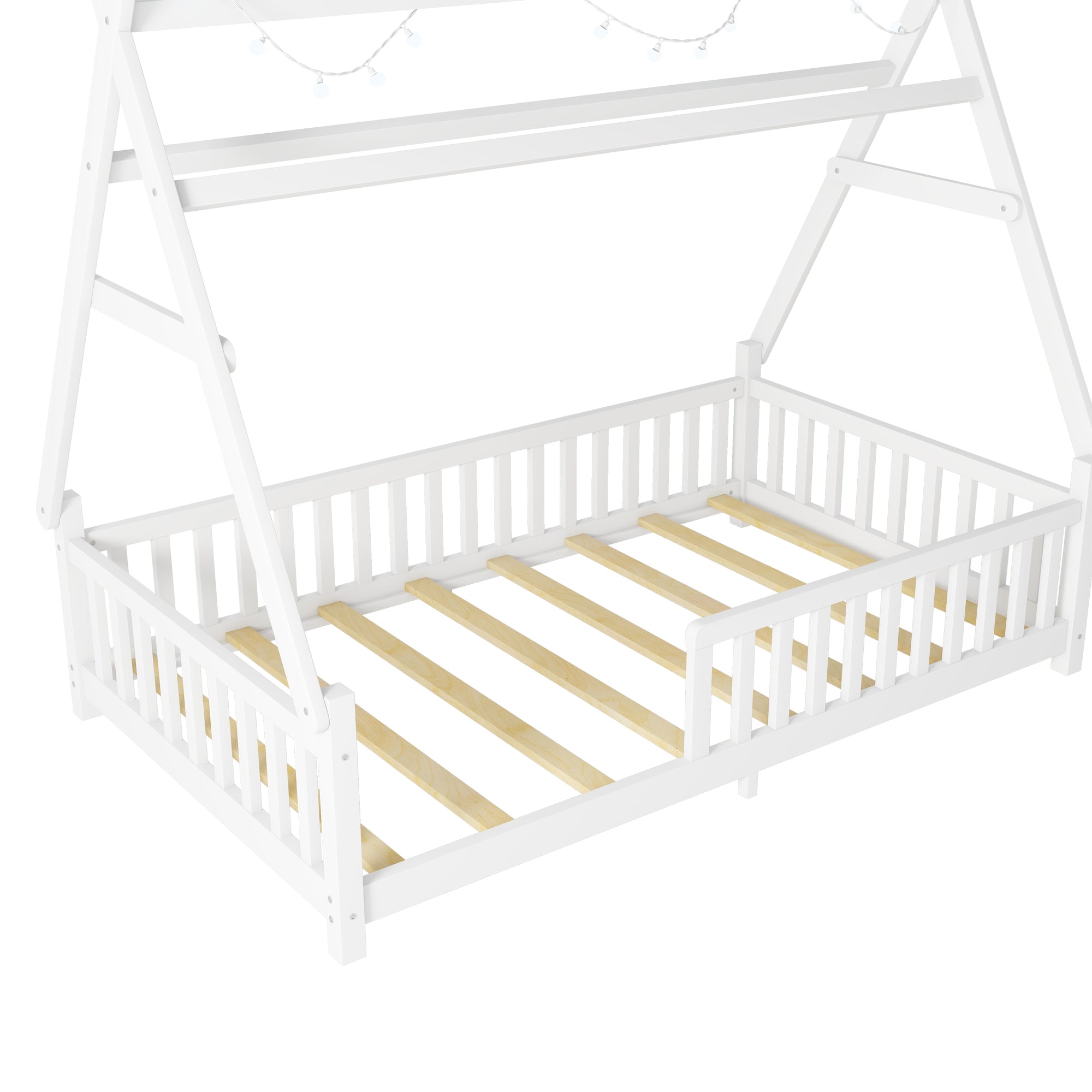 Twin House Bed with Light, Low Floor House Bed with Fence and Roof for Kids Boys Girls,White(Expect arrive date 2025/7/20)