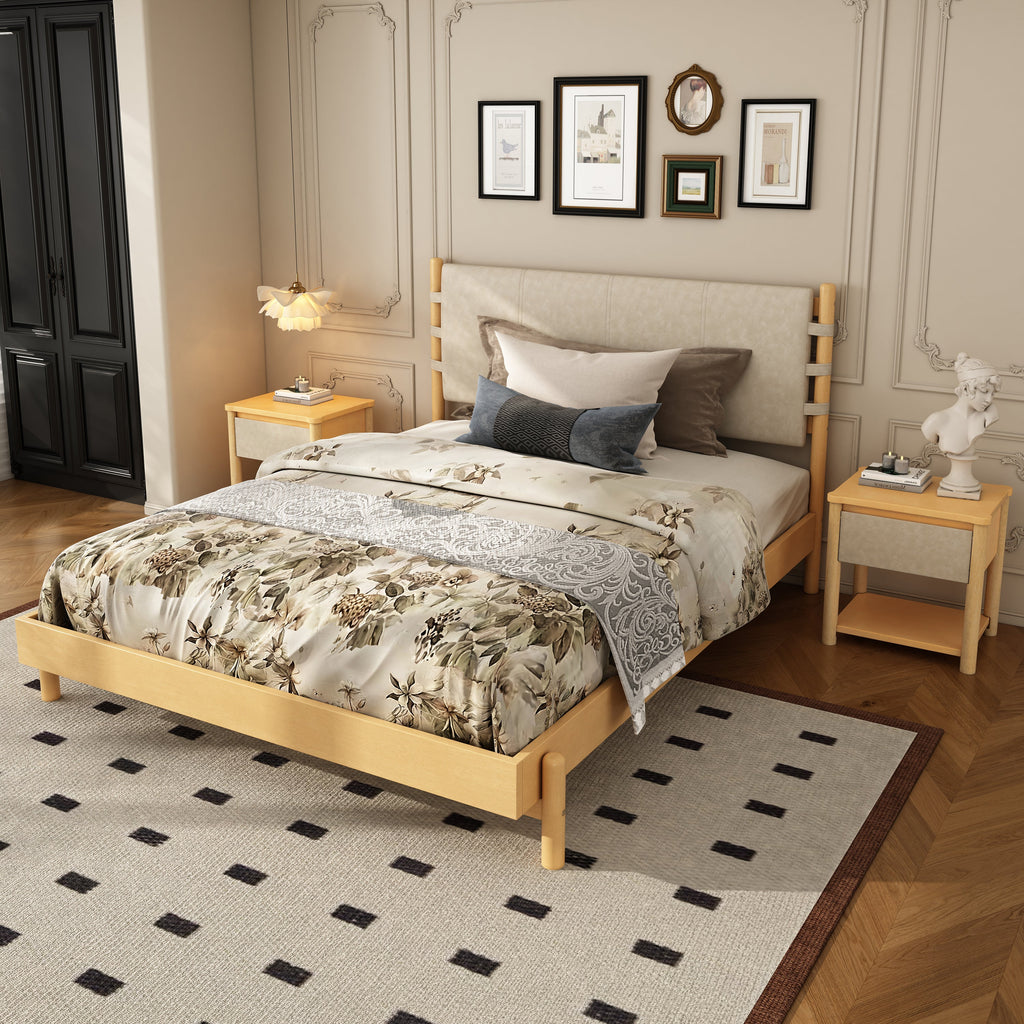 Modern Queen Bed Frame Set with 2 Nightstands, Beige Wood Platform Bed with Headboard and Matching Bedside Tables for Bedroom