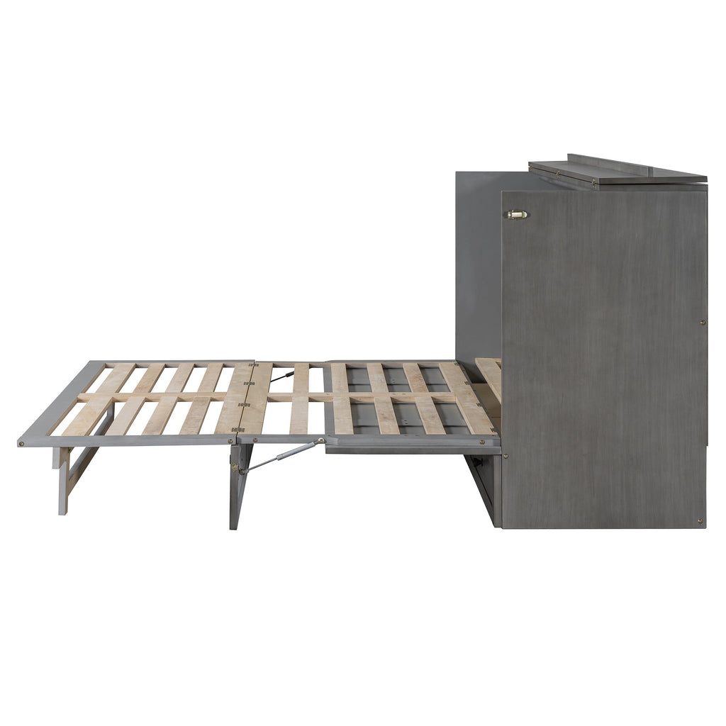 Queen Size Murphy Bed with Large Drawers & USB Ports,Brushed Gray