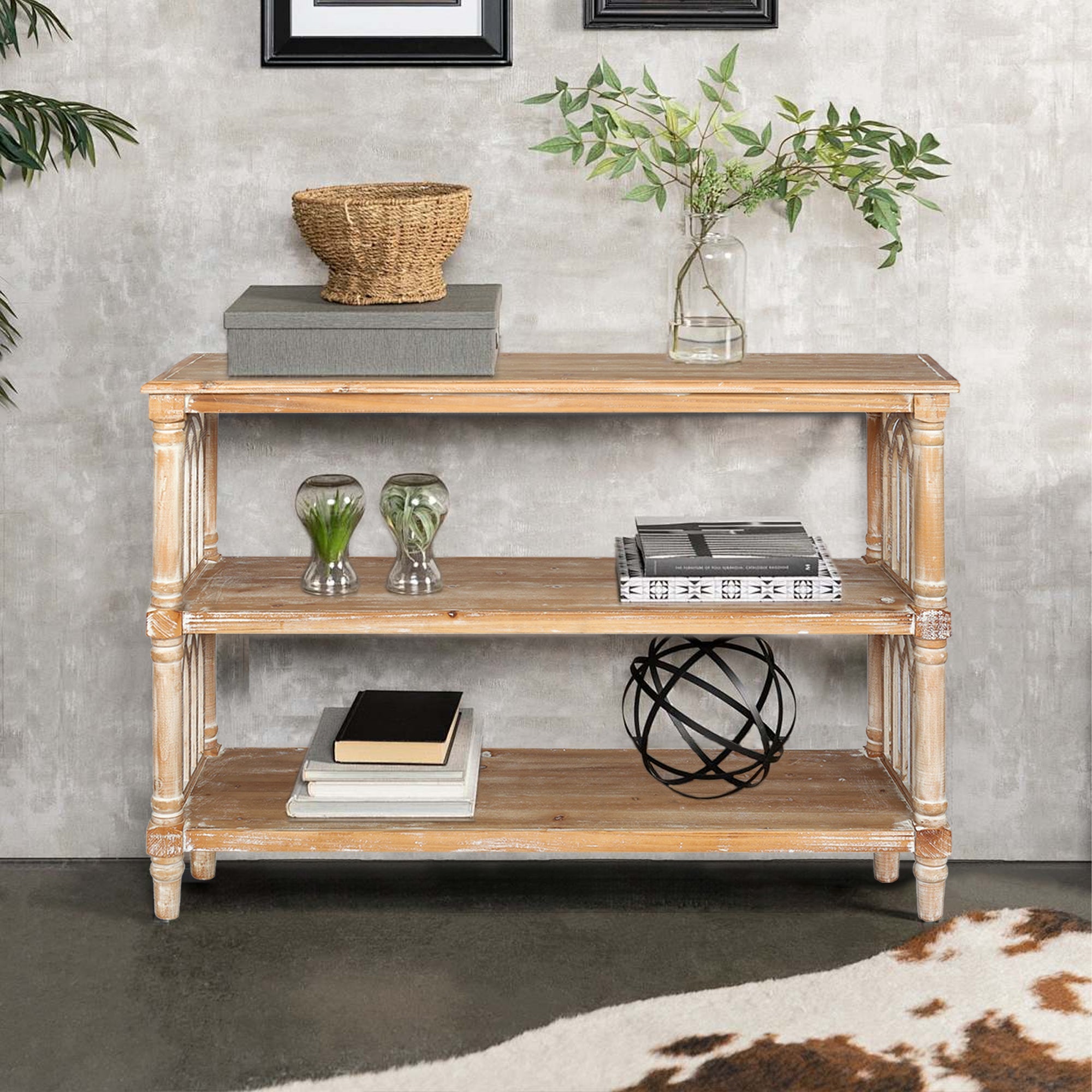 Rustic 3 - Tier Console Table with Gothic - Inspired Details, 47.24' Long Wooden Entryway Table for Living Room and Hallway