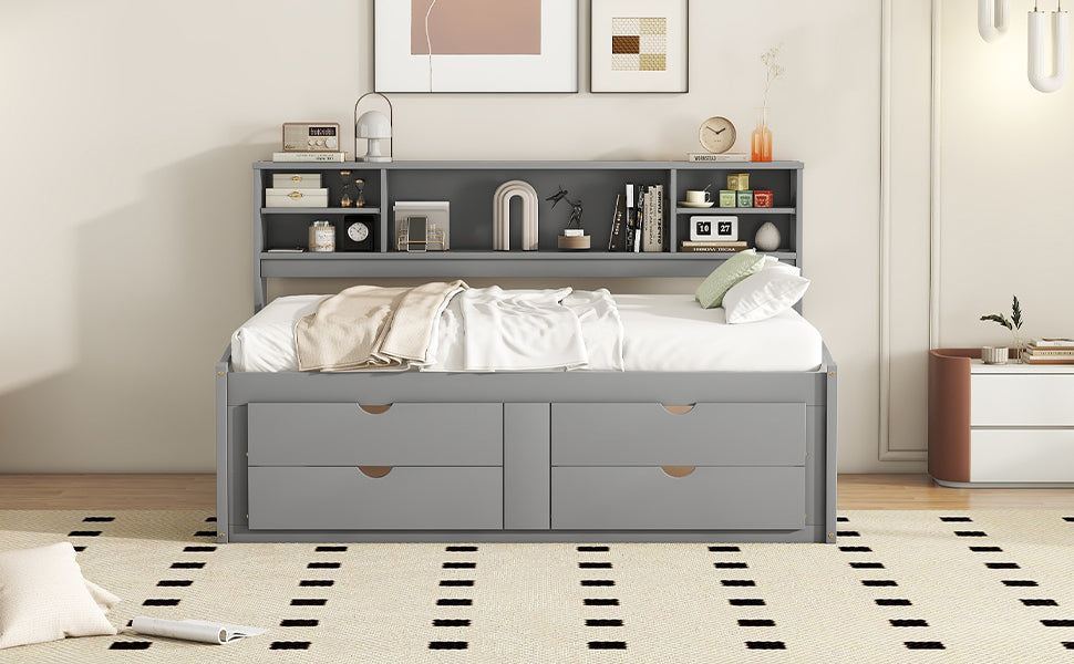 Full Size Wood Daybed with 2 Bedside Cabinets, Upper Shelves and 4 Drawers, Gray