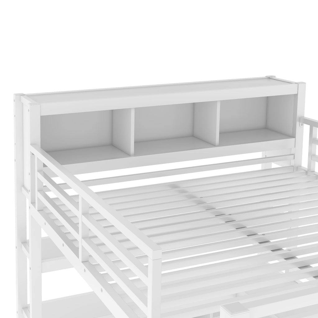 Metal Loft Bed with Wardrobe And L-shaped Desk, Queen Size Loft Bed with Storage Cubes and Shelves, Heavy Duty Loft Bed for Kids Teens Adults, White