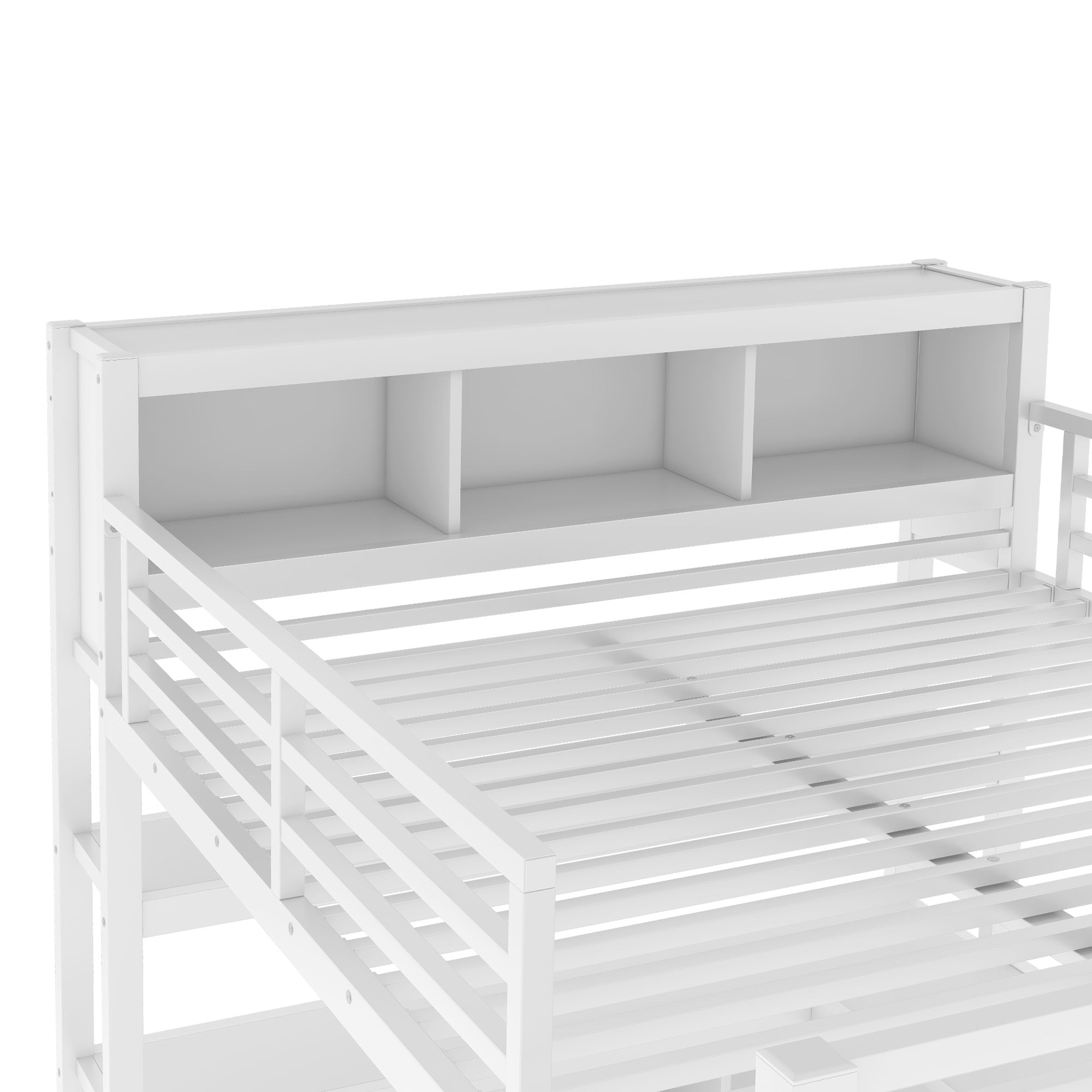 Metal Loft Bed with Wardrobe And L-shaped Desk, Queen Size Loft Bed with Storage Cubes and Shelves, Heavy Duty Loft Bed for Kids Teens Adults, White