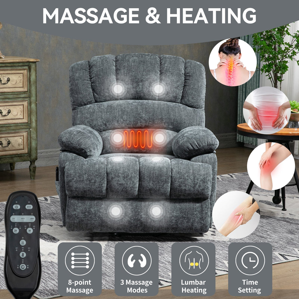 23' Seat Width and High Back Large Size Blue Grey Chenille Power Lift Recliner Chair with 8-Point Vibration Massage and Lumbar Heating