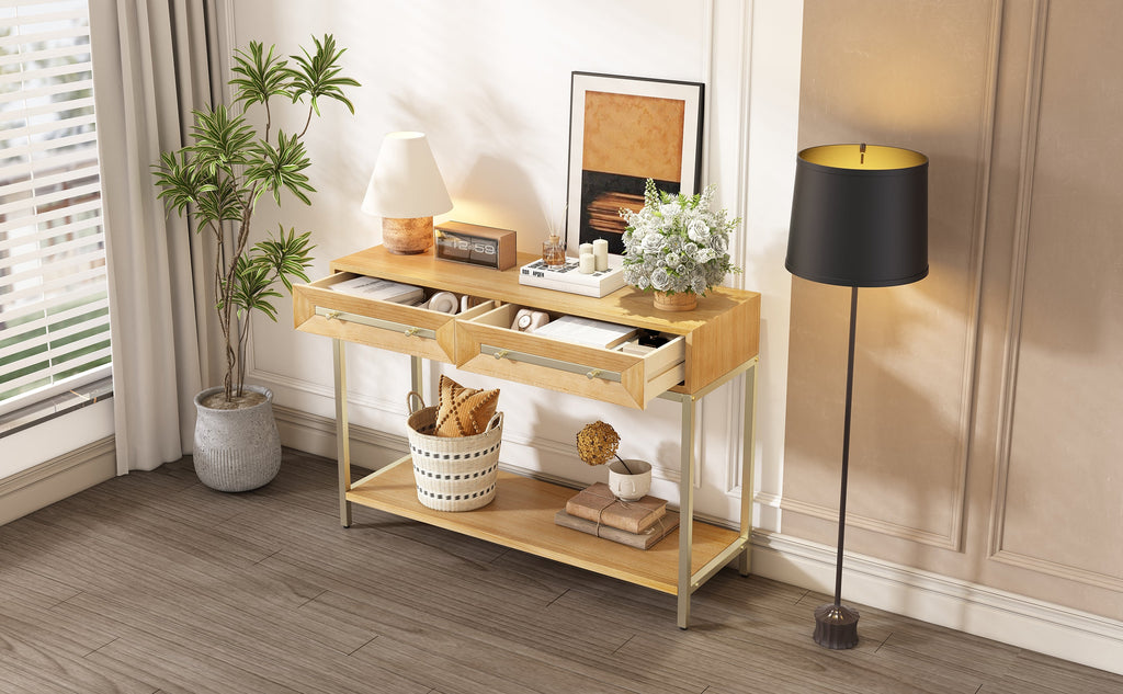 TREXM Entryway Table, Console Table with Two Drawers, Retro Hallway Table with Striking Geometric Design for Entryway and Living Room (Natural)
