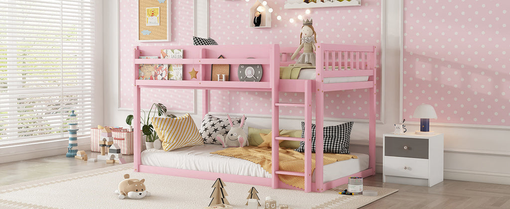 Low Twin Over Twin Bunk Bed, Floor Bunk Bed with Ladder, Solid Wood Twin Bunk Bed for Kids & Juniors, Pink(Expect Arrival Date 2025/11/25)