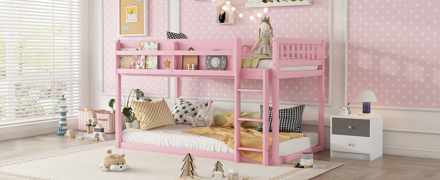 Low Twin Over Twin Bunk Bed, Floor Bunk Bed with Ladder, Solid Wood Twin Bunk Bed for Kids & Juniors, Pink(Expect Arrival Date 2025/11/25)