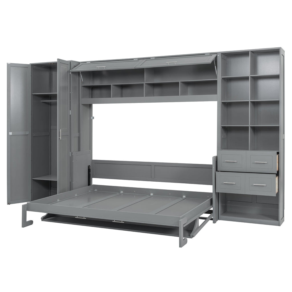 Queen Size Murphy Bed Wall Bed with Closet , Drawers and Shelves,Gray