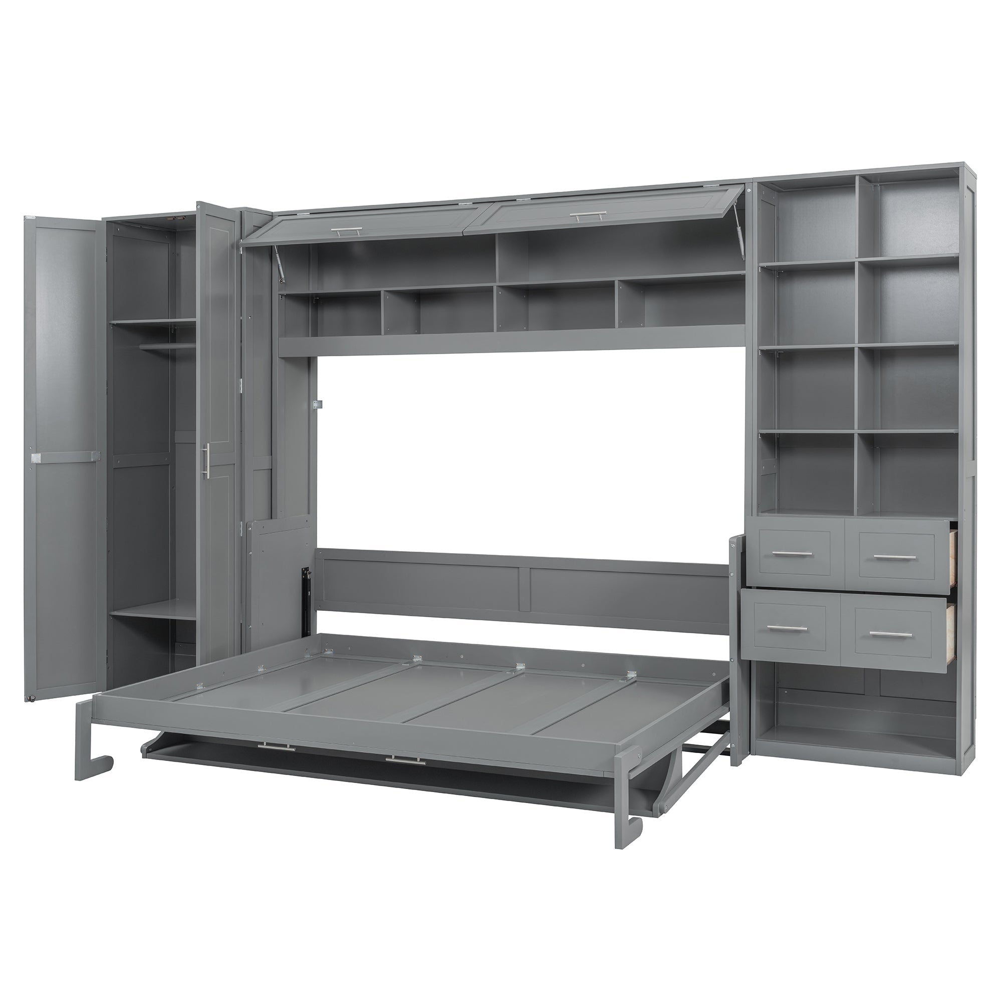 Queen Size Murphy Bed Wall Bed with Closet , Drawers and Shelves,Gray
