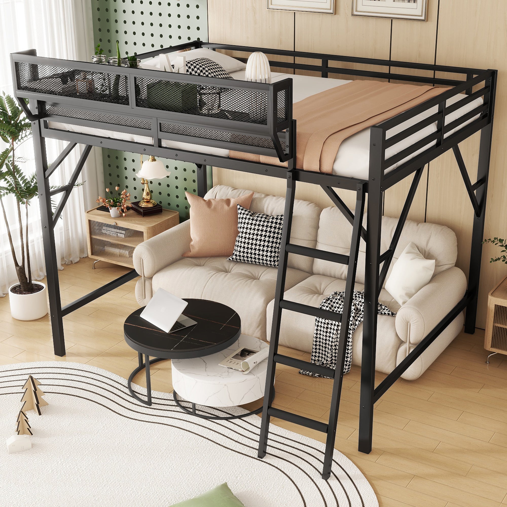 Full Size Loft Bed with Ladder, Metal Full Loft Bed with Storage Shelves, High Loft Bed for Kids Teens, Black(Expect Arrival Date 2025/11/26, Old SKU W2580P353531)