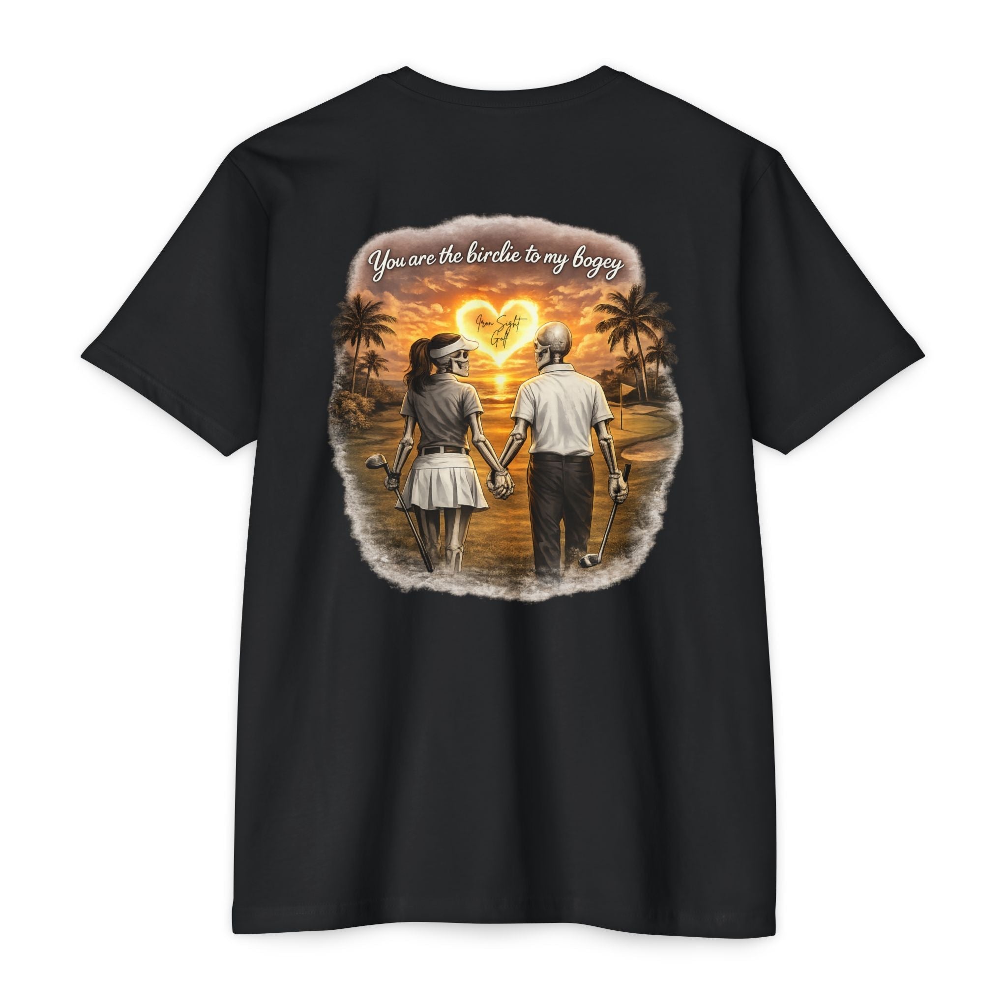Skeleton Golf Couples T-Shirt — “You’re the Birdie to My Bogey” Sunset Fairway Design