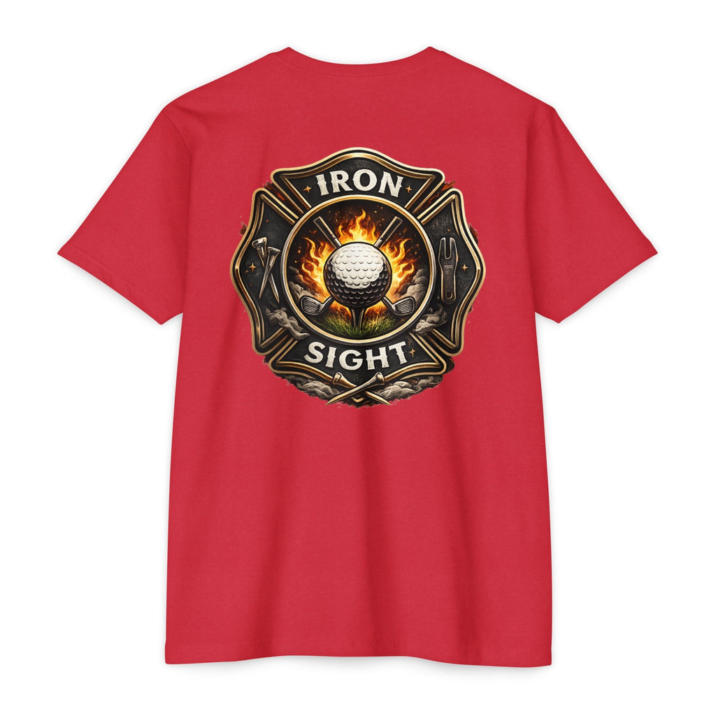Iron Sight Golf T‑Shirt — Vintage Fire Fighter Golfing Crew Tee