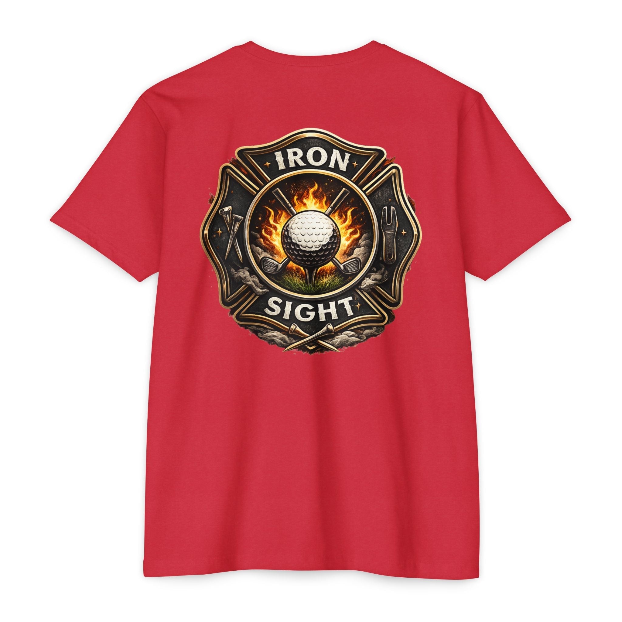 Iron Sight Golf T‑Shirt — Vintage Fire Fighter Golfing Crew Tee