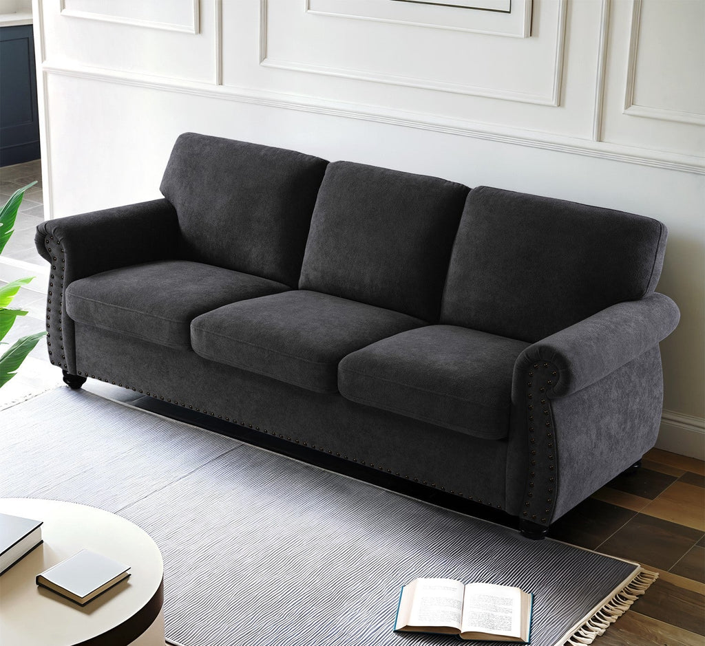 Soft Velvet Sofa, Upholstered 3 Seater Couch with High-Density Foam, Loose Back Cushions and Solid Wood Turned Legs, Chic Living Room Furniture for Home, Apartment and Office, Black