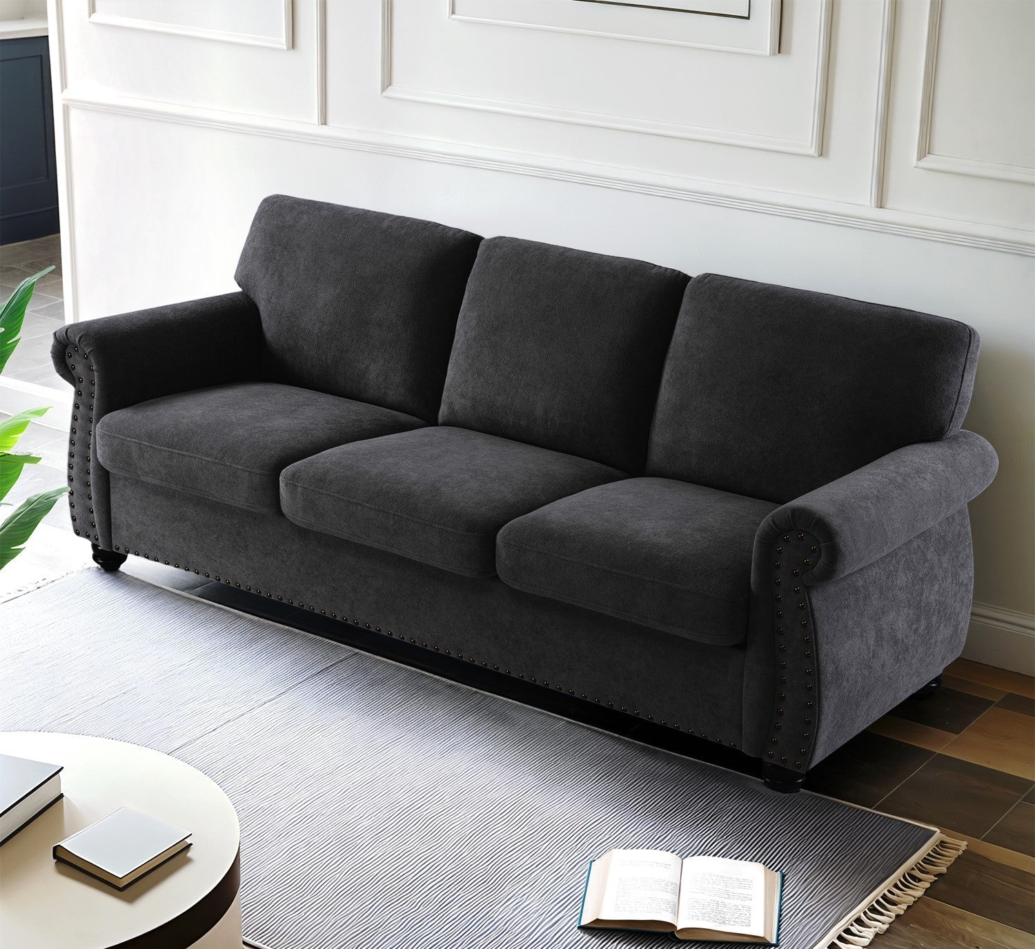Soft Velvet Sofa, Upholstered 3 Seater Couch with High-Density Foam, Loose Back Cushions and Solid Wood Turned Legs, Chic Living Room Furniture for Home, Apartment and Office, Black