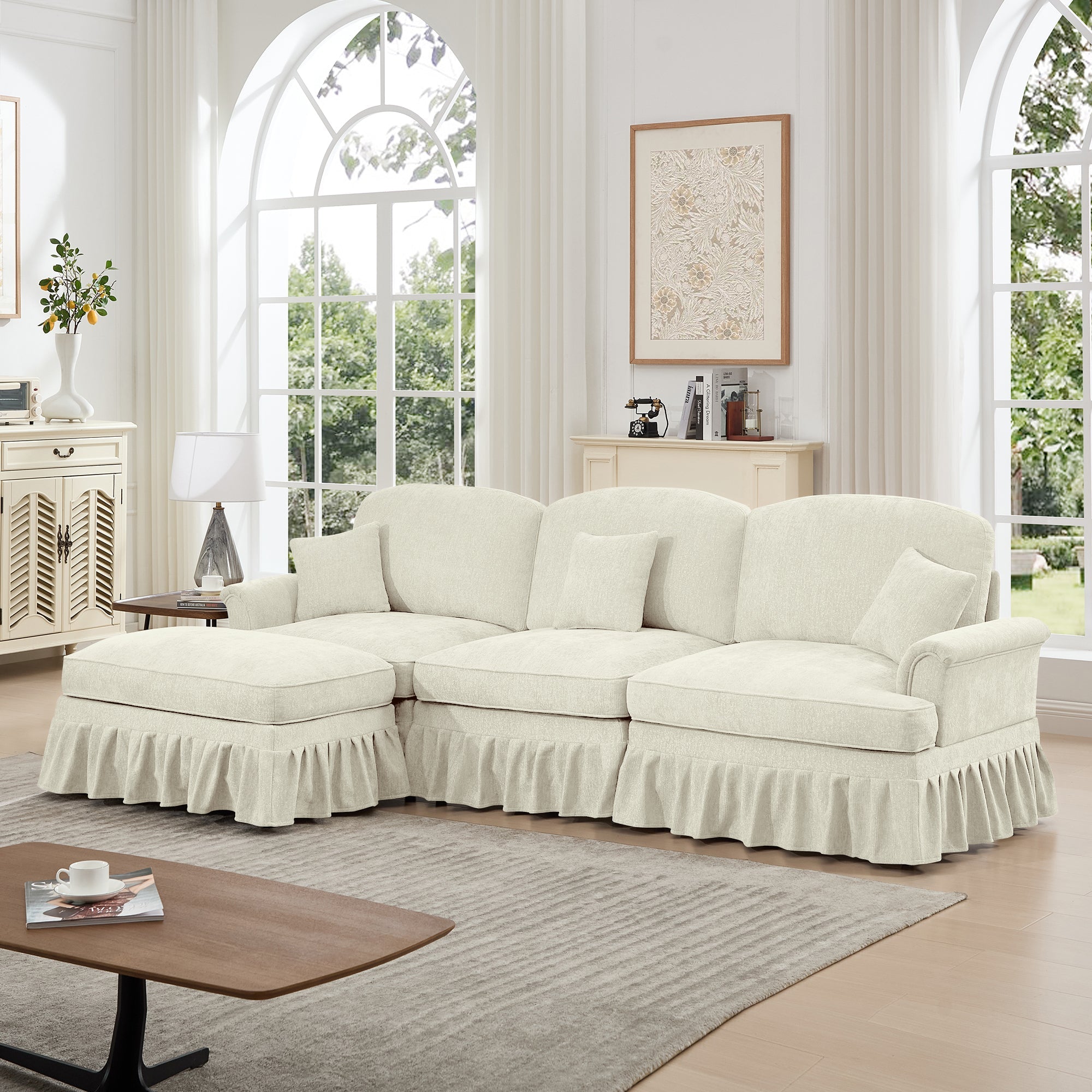 Mid Century Three Seater Modular L Shaped Sectional Couch with Flared Arms and Removable Ruffles Pleats Skirts and Spindle Legs, Comfy Chenille 3-Seat Deep Seat Sofa with Movable Ottoman, Beige White
