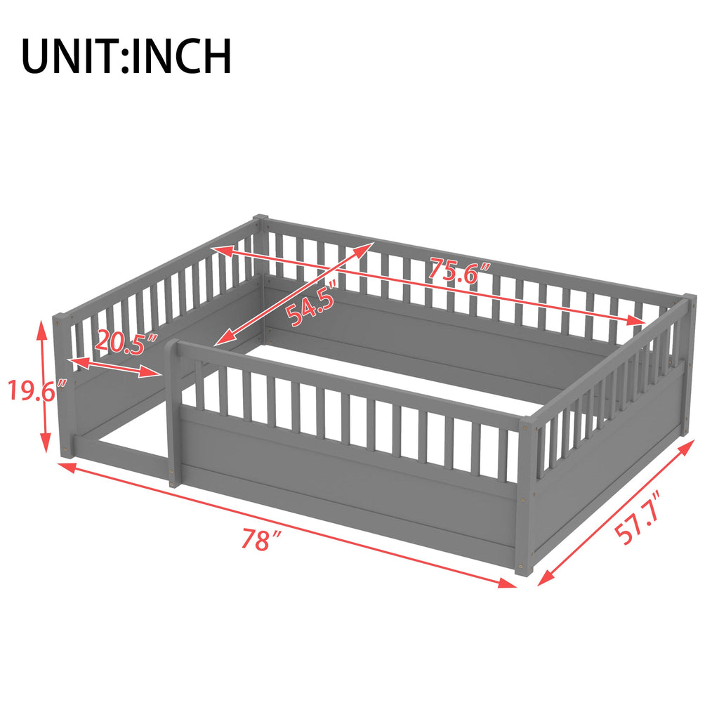Full Floor Bed Frame with Fence, Montessori wooden children's floor bed,Wood Kids Floor Beds Frame for Bedroom Playroom,Gray