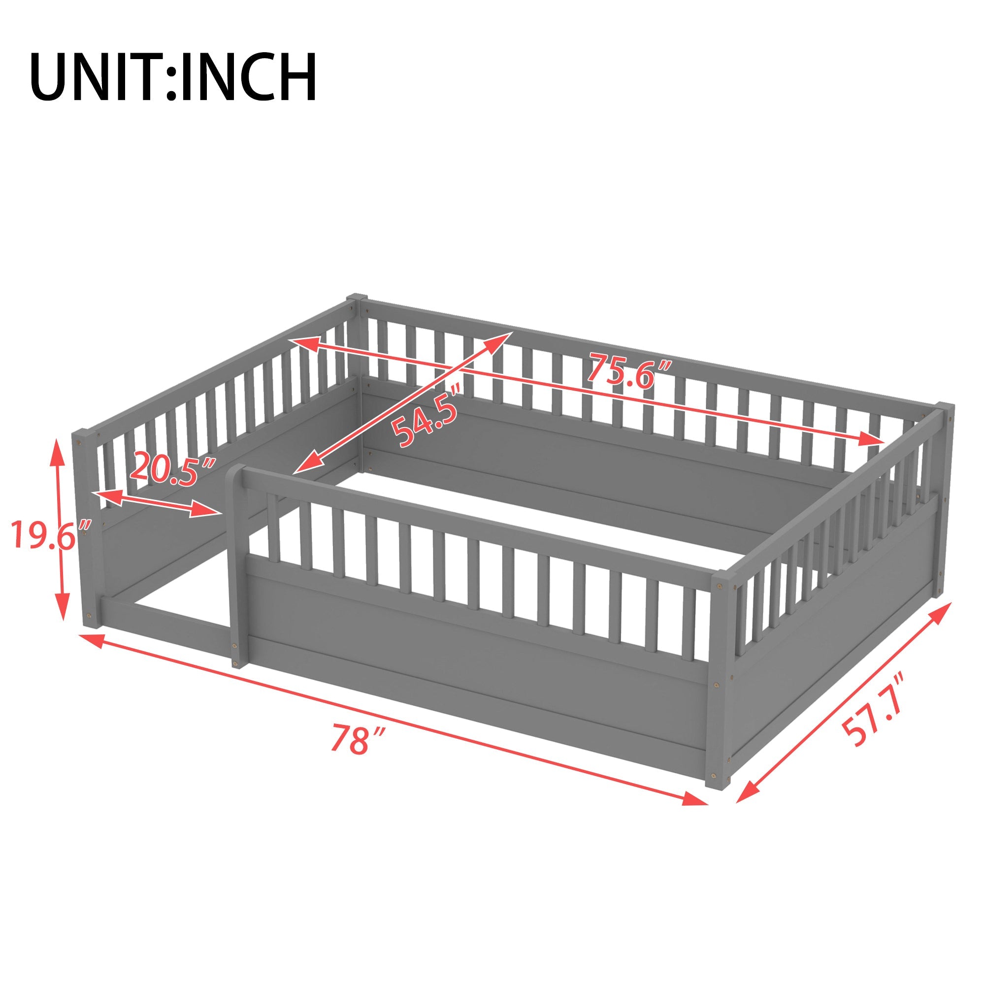Full Floor Bed Frame with Fence, Montessori wooden children's floor bed,Wood Kids Floor Beds Frame for Bedroom Playroom,Gray