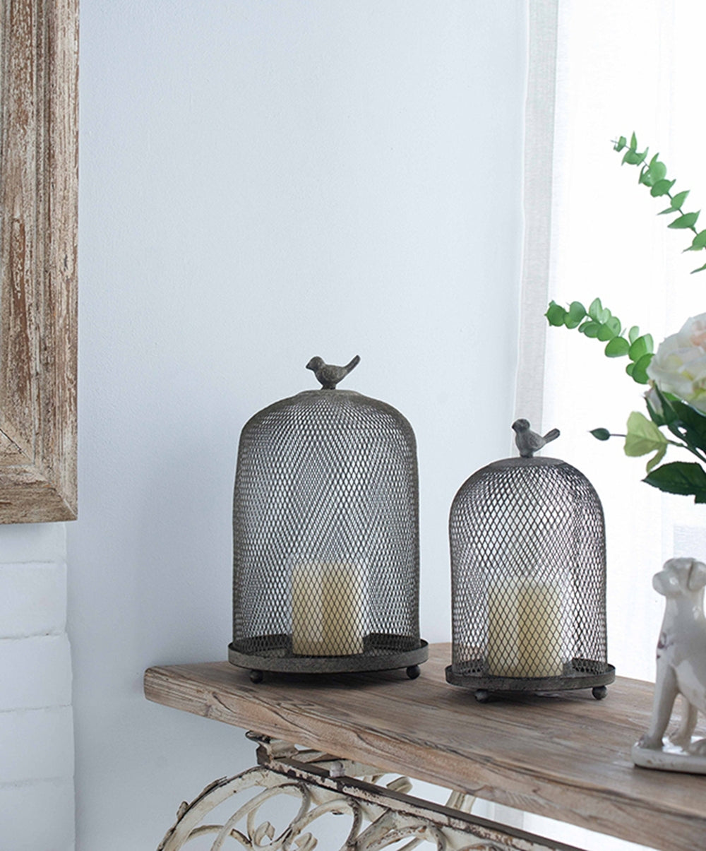 Set of 2 Ophira Sparrow Antique Gray Mesh Candle Holders, L: D8.5x13'  S: D7x10'