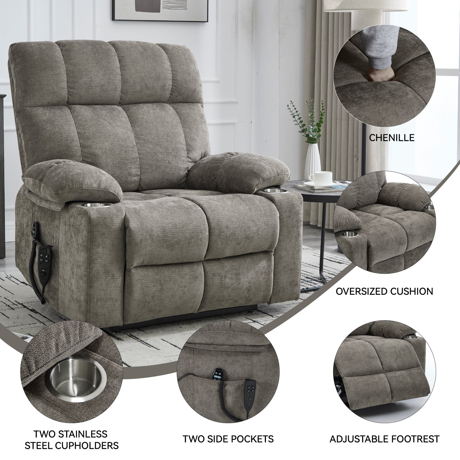Brown Dual Motor Infinite Position Up to 350 LBS Chenille Power Lift Recliner Chair, Heavy Duty Motion Mechanism with 8-Point Vibration Massage and Lumbar Heating, Dual Cup Holders