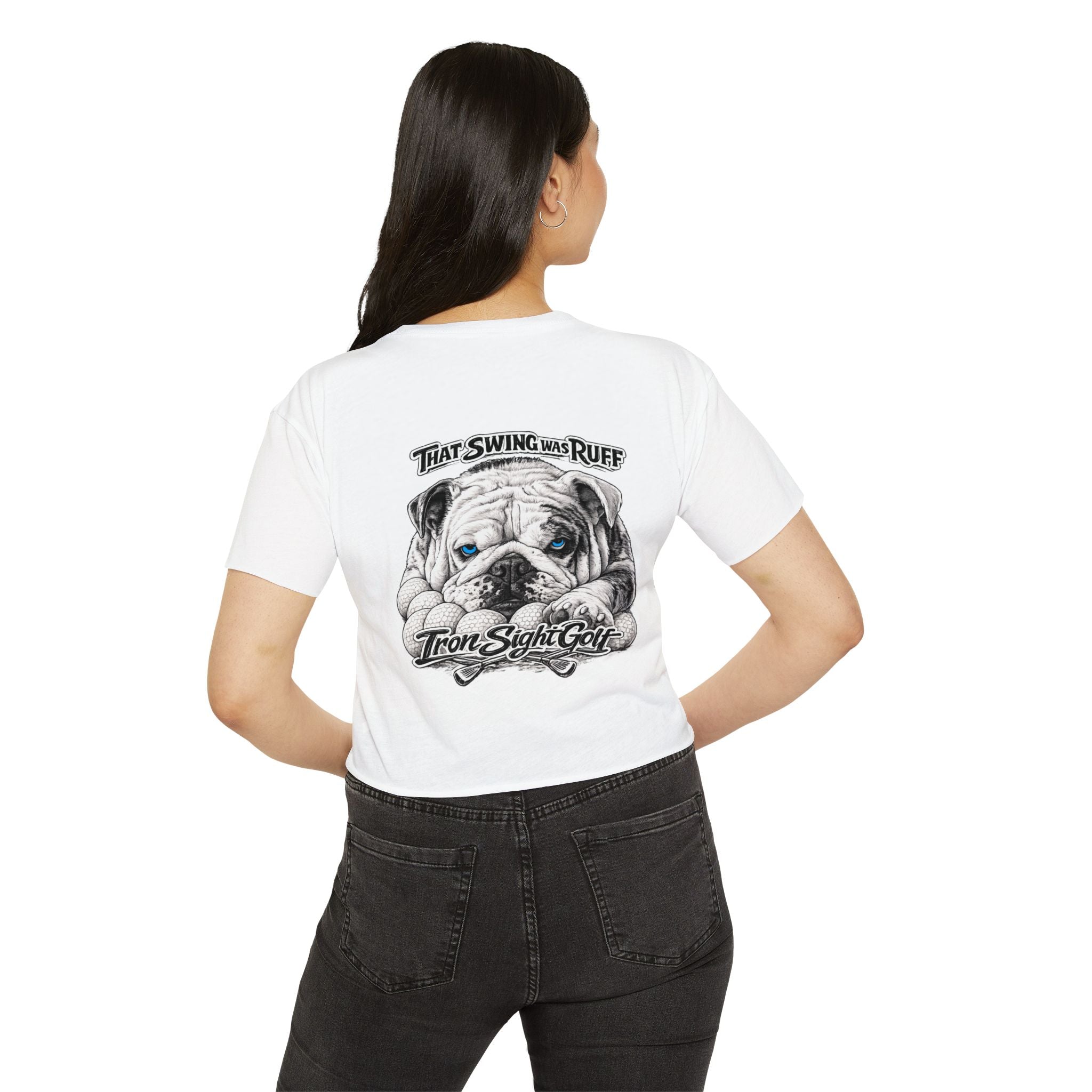 Bulldog Graphic Crop Top — “That Swing Was Ruff” Iron Sight Golf