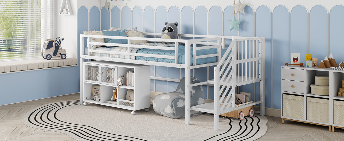 Twin Metal Loft Bed with Storage Cubby, Low Metal Loft Bed with Stairs for Kids, White, Expect Arrival Date 2025/11/10