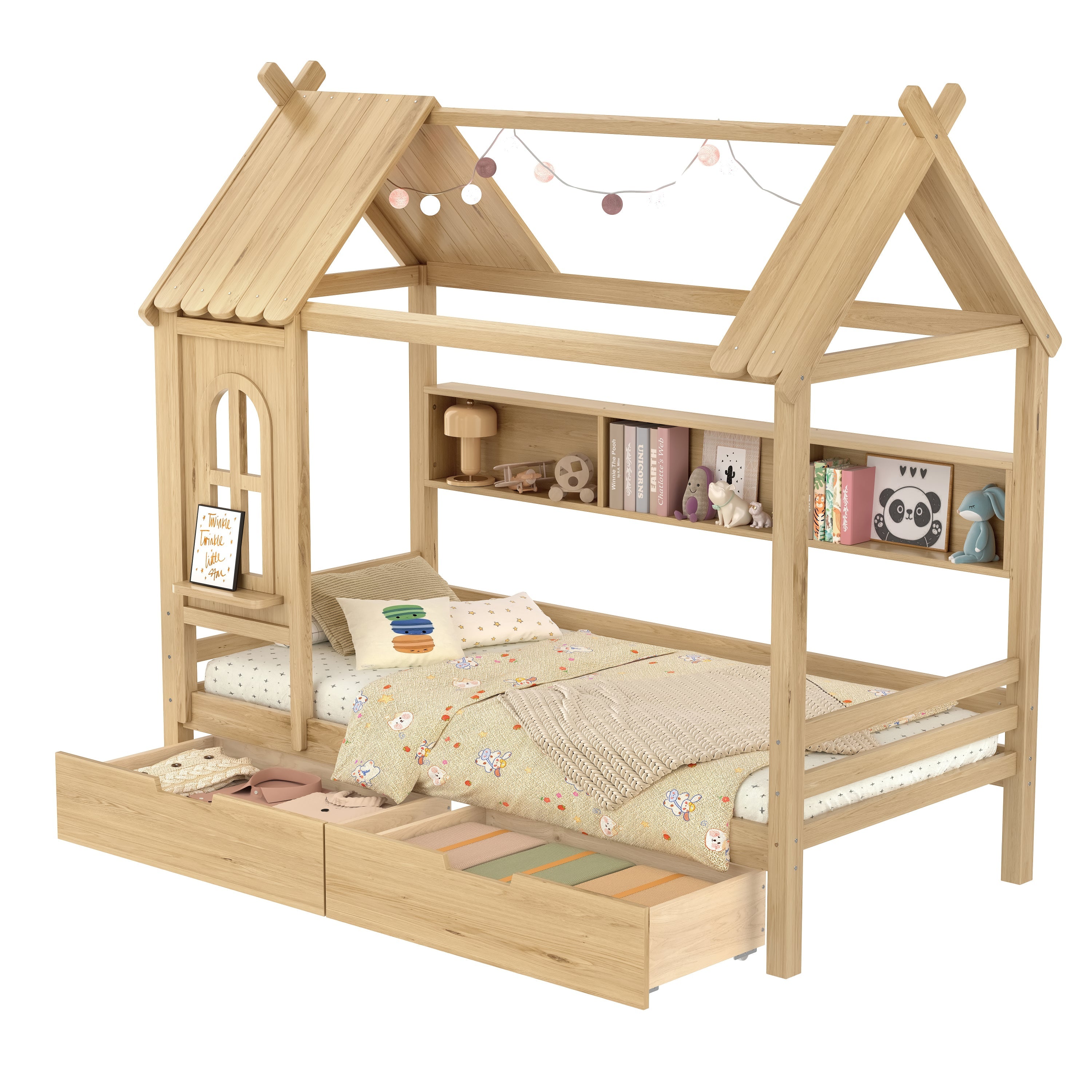 Twin house Beds with Storage Drawers and Window, Solid Wood House Platform Bed Frame with shelves, for Kids, Girls, Boys, No Spring Box Needed and Childlike Design, Natural
