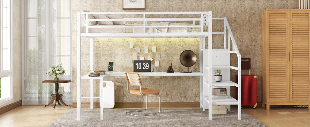 Full Size Loft Bed with L-shaped Desk and USB, Metal Loft Bed with Wardrobe and Adjustable Shelf, High Loft Bed with LED for Kids Teens Adults, White