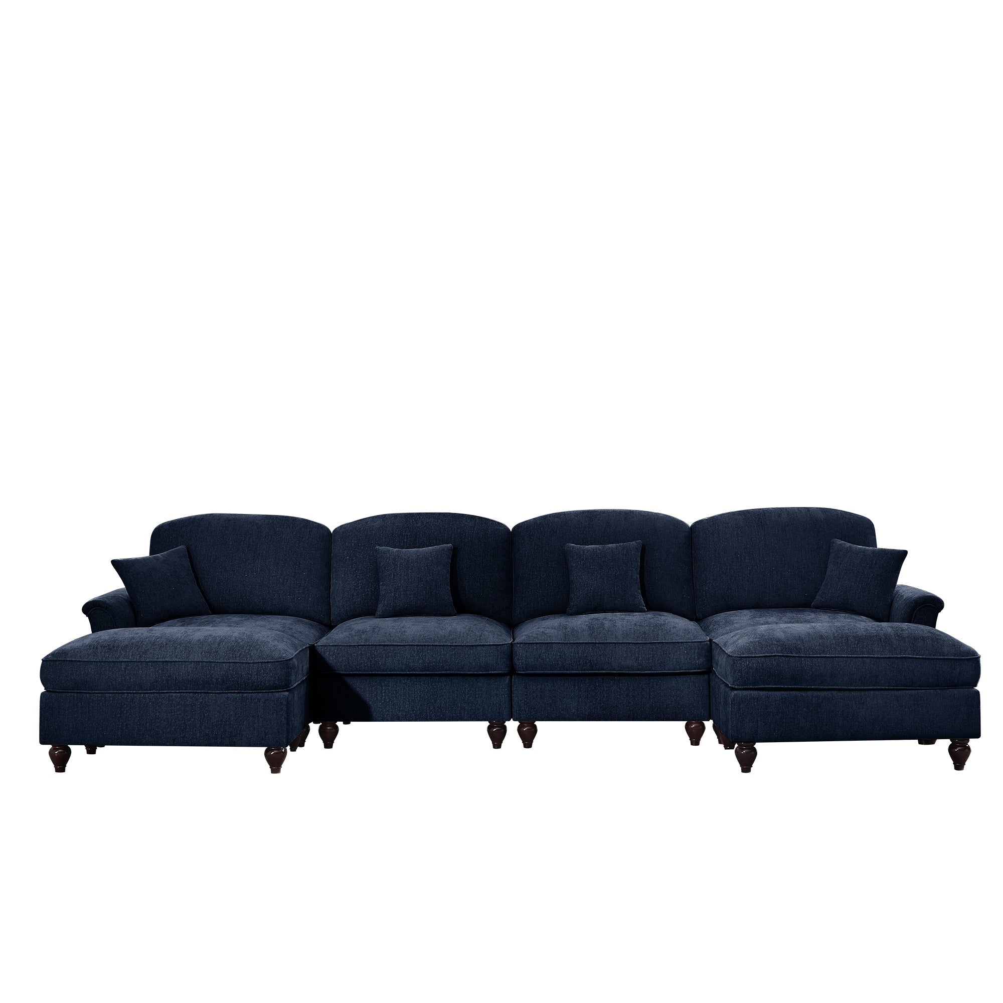 Classic Three Seater Modular L Shaped Sectional Couch with Flared Arms and Removable Ruffles Pleats Skirts and Spindle Legs, Comfy Chenille Four-Seat Deep Seat Sofa with Movable Ottoman, Blue