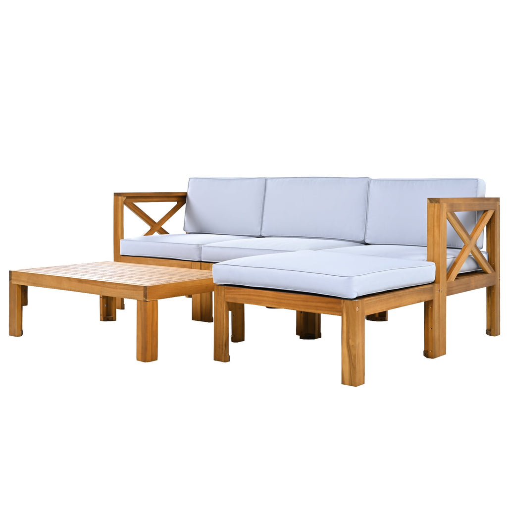 TOPMAX Outdoor Backyard Patio Wood 5-Piece Sectional Sofa Seating Group Set with Cushions, Natural Finish+ Gray Cushions