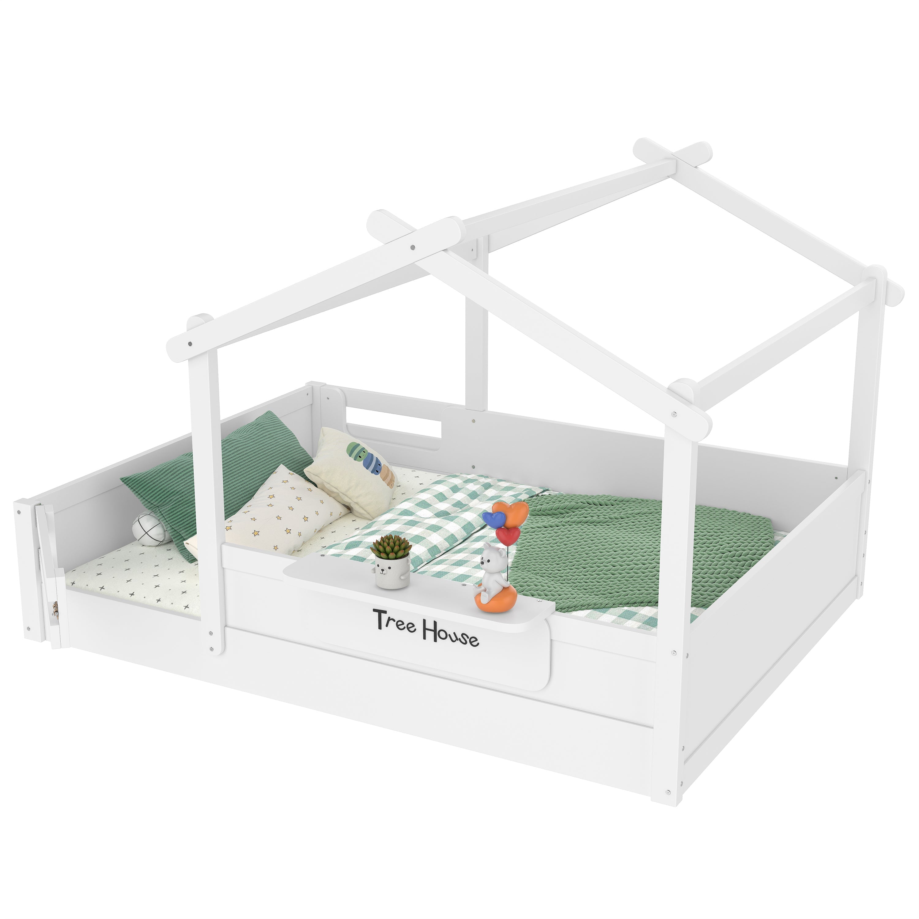 Full Size Floor Bed with Guardrails and Roof, Kids House Floor Bed with a Small Built-in Tray and Free-installed Signboard, Childlike Design, White