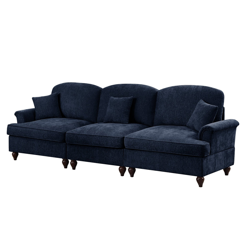 Elegant Mid Century Large 3 Seater Sofa Couch with Flared Arms and Removable Ruffles Pleats Skirts and Spindle Legs, Comfy Chenille Three-Seat Sofa for Living Room, Blue