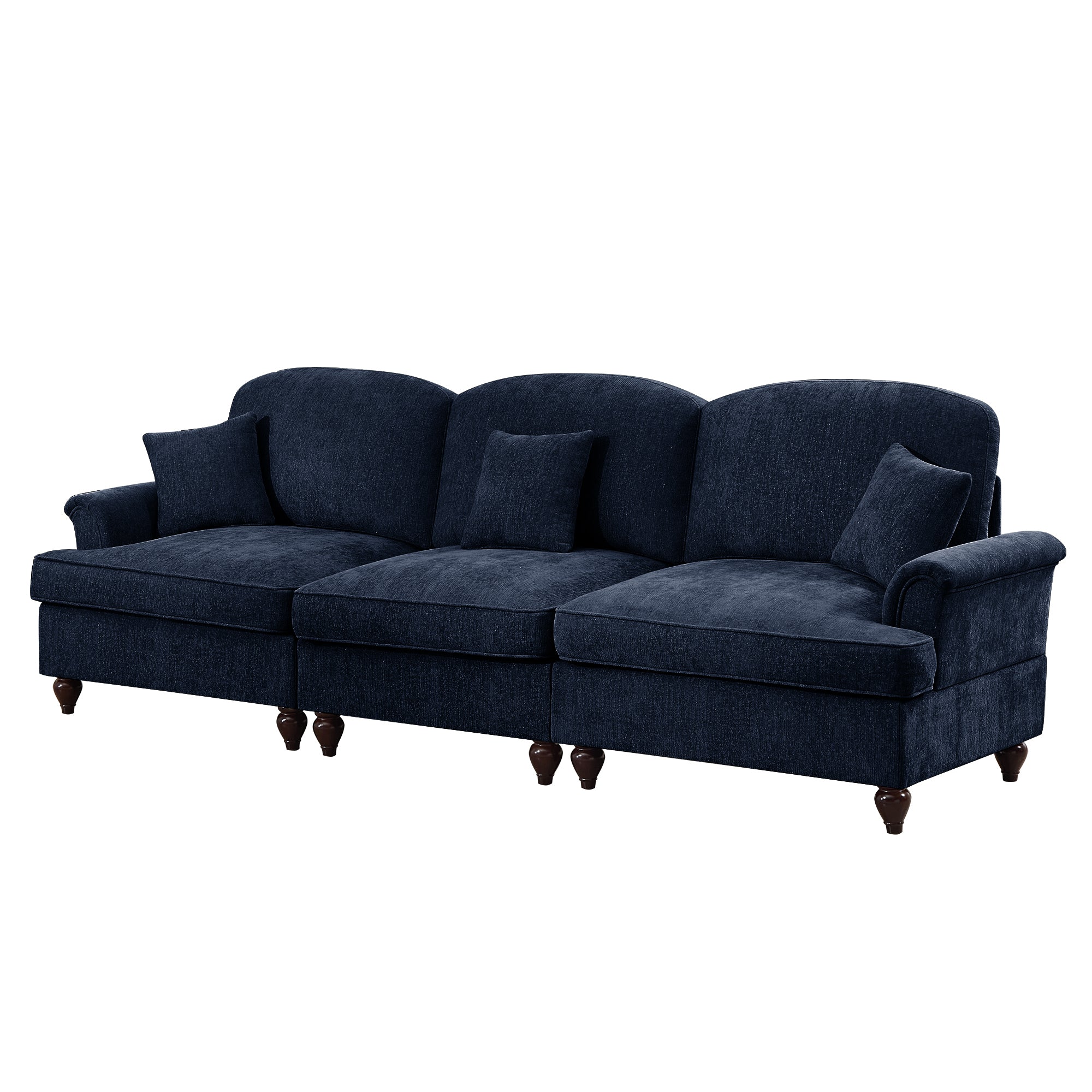Elegant Mid Century Large 3 Seater Sofa Couch with Flared Arms and Removable Ruffles Pleats Skirts and Spindle Legs, Comfy Chenille Three-Seat Sofa for Living Room, Blue