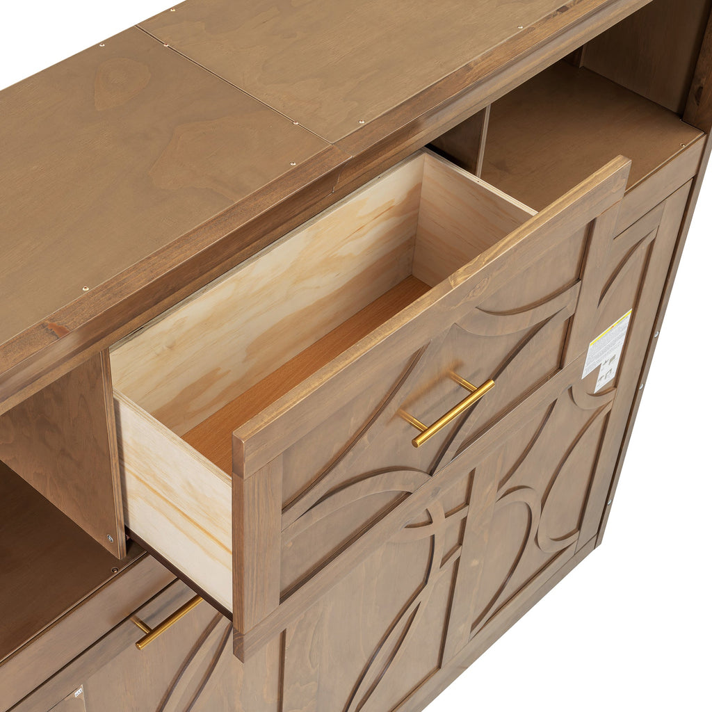 Twin Size Murphy Bed with Charging Station and Drawer in Wood Color, Solid Pine Wood + MDF