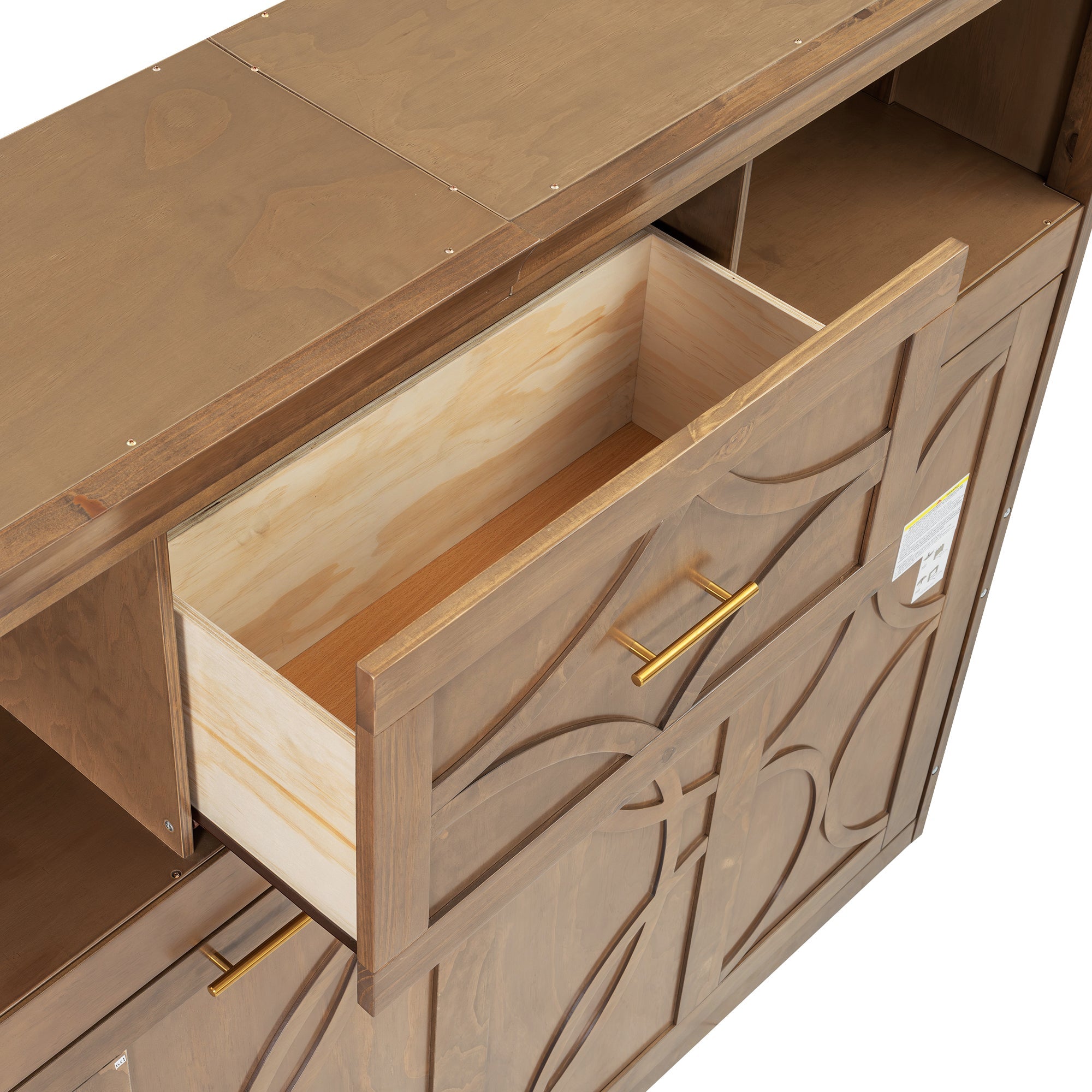 Twin Size Murphy Bed with Charging Station and Drawer in Wood Color, Solid Pine Wood + MDF