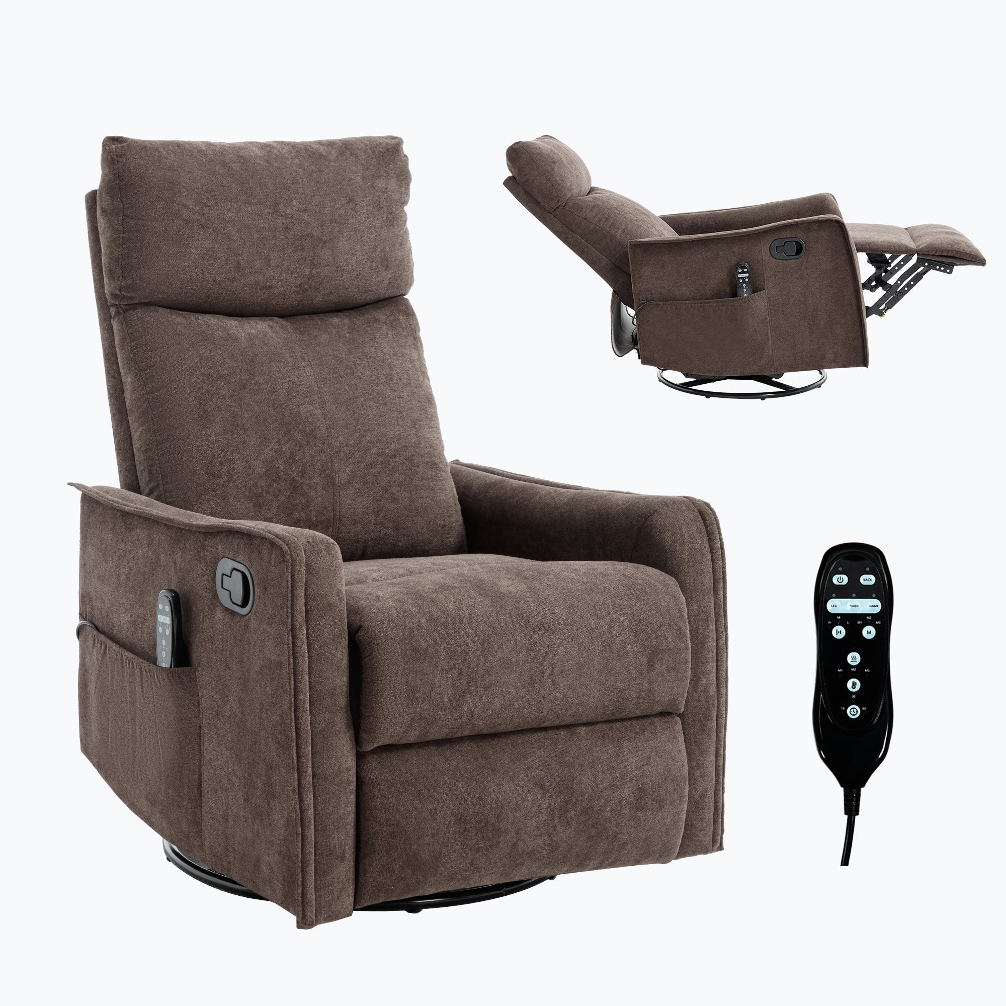 Heat Massage Manual Recliner Chair with Rocker and Swivel in Fabric for Living Room, Brown