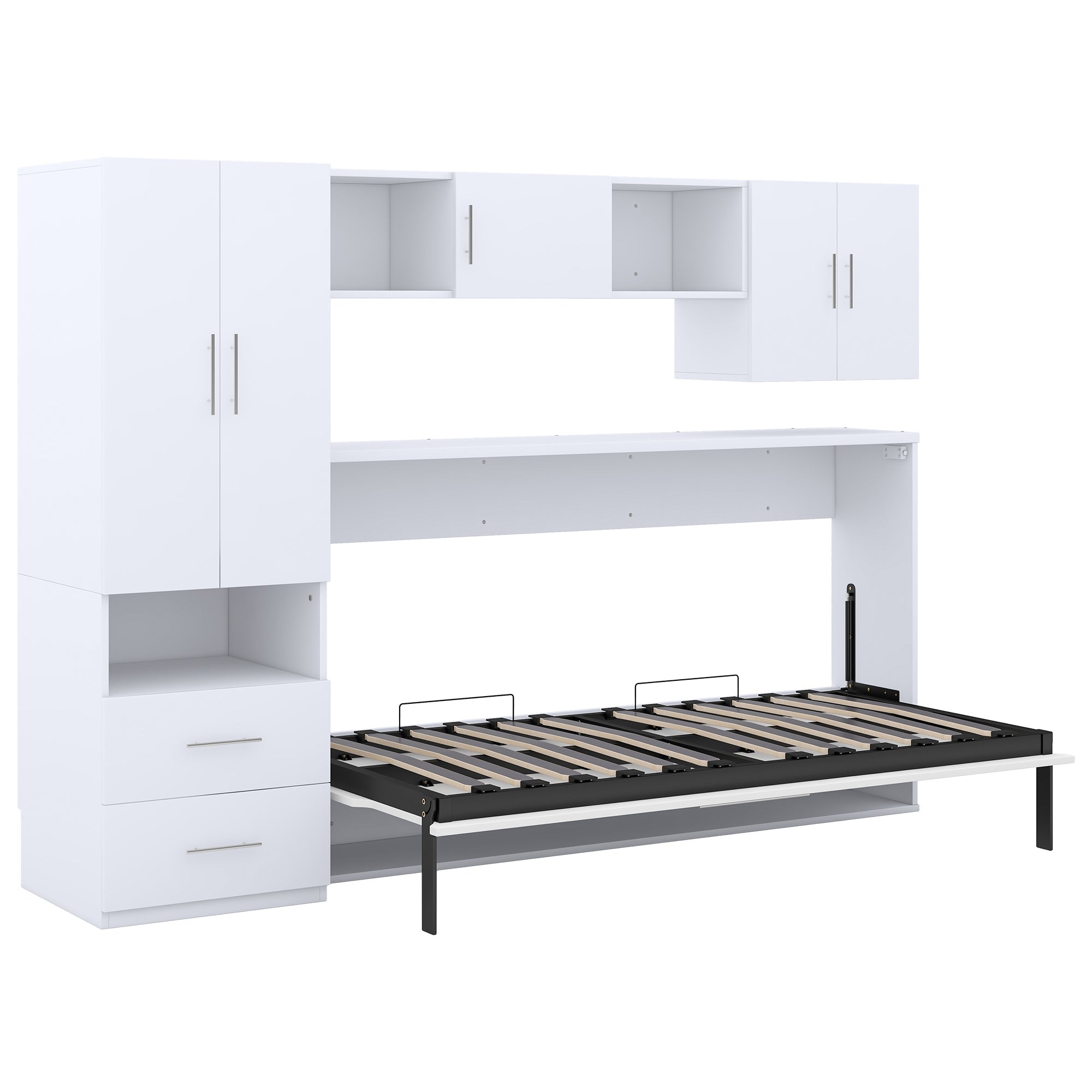 Twin Size Murphy Bed with Open Shelves and Storage Drawers,Built-in Wardrobe and Table, White