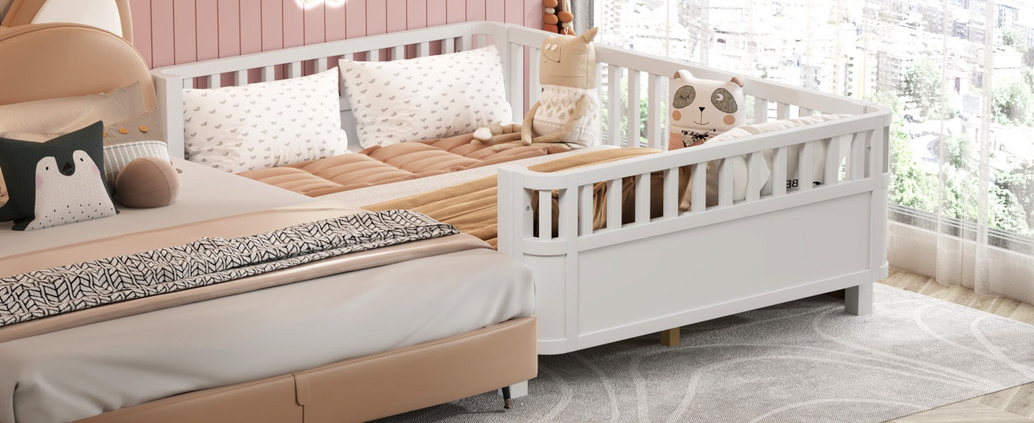 Full Size Wood Platform Bed for Kids, Wood Low Profile Full Bed with Rails for Girls and Boys, White (Patented Design, Old SKU W2593P233767)