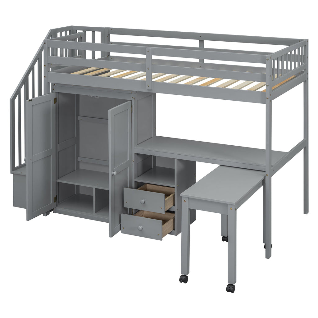 Twin Size Loft Bed with Stairs, Bookshelf, Drawers, Desk & Wardrobe – Space-Saving Multifunctional Furniture for Kids & Teens-Gray