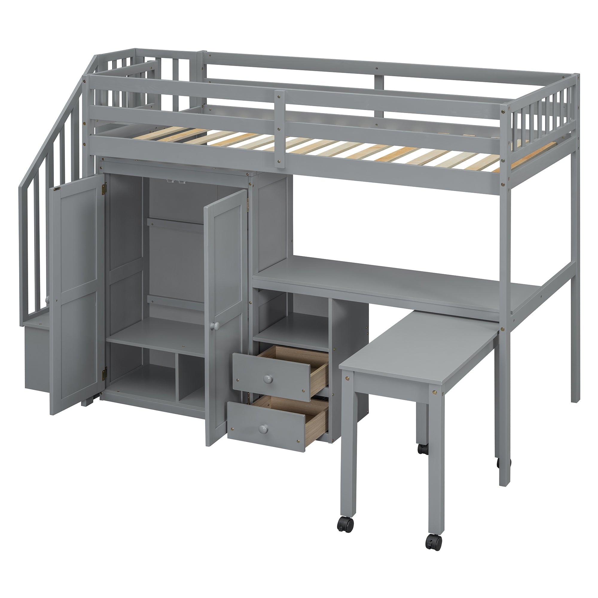 Twin Size Loft Bed with Stairs, Bookshelf, Drawers, Desk & Wardrobe – Space-Saving Multifunctional Furniture for Kids & Teens-Gray