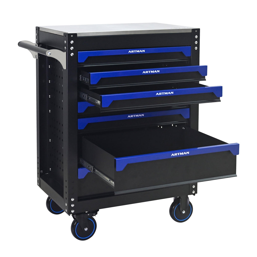 30-inch 7-drawer Iron-top Practical Rolling Steel Tool Cart, With Handle and Wheels, Storage Cabinet for Garages, Warehouses, Repair Shops, Requires Assembly of the the Tool Cart - Black & Blue