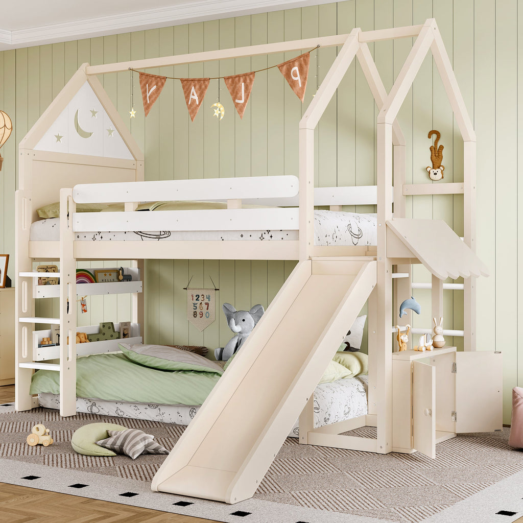 Twin Size Loft Bed with Bookshelf Playful Design for Kids House-Shaped Structure with Slide High-Quality Safety Rails,Beige