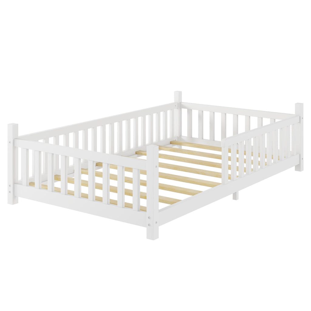 Twin House Bed with Light, Low Floor House Bed with Fence and Roof for Kids Boys Girls,White(Expect arrive date 2025/7/20)