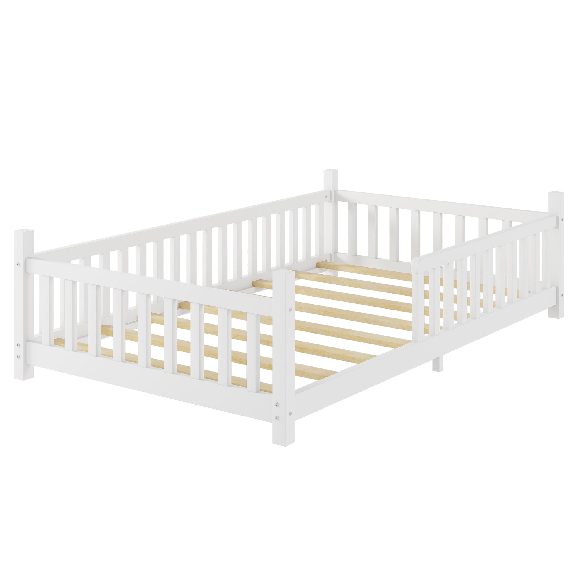Twin House Bed with Light, Low Floor House Bed with Fence and Roof for Kids Boys Girls,White(Expect arrive date 2025/7/20)