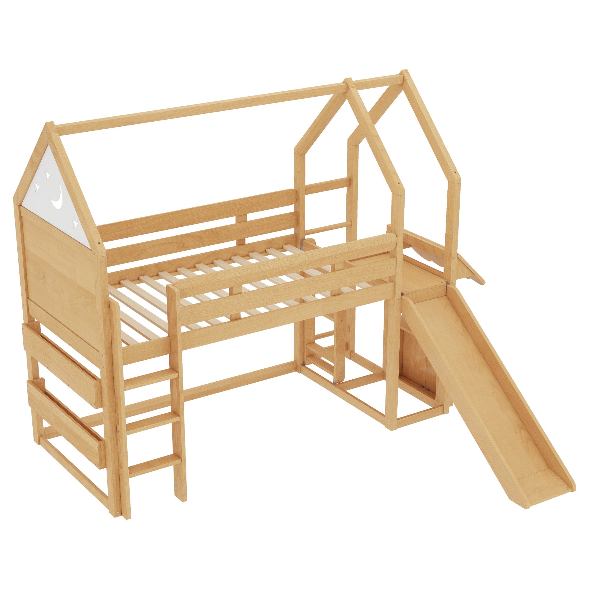 Twin Size Loft Bed with Bookshelf Playful Design for Kids House-Shaped Structure with Slide High-Quality Safety Rails,Natural