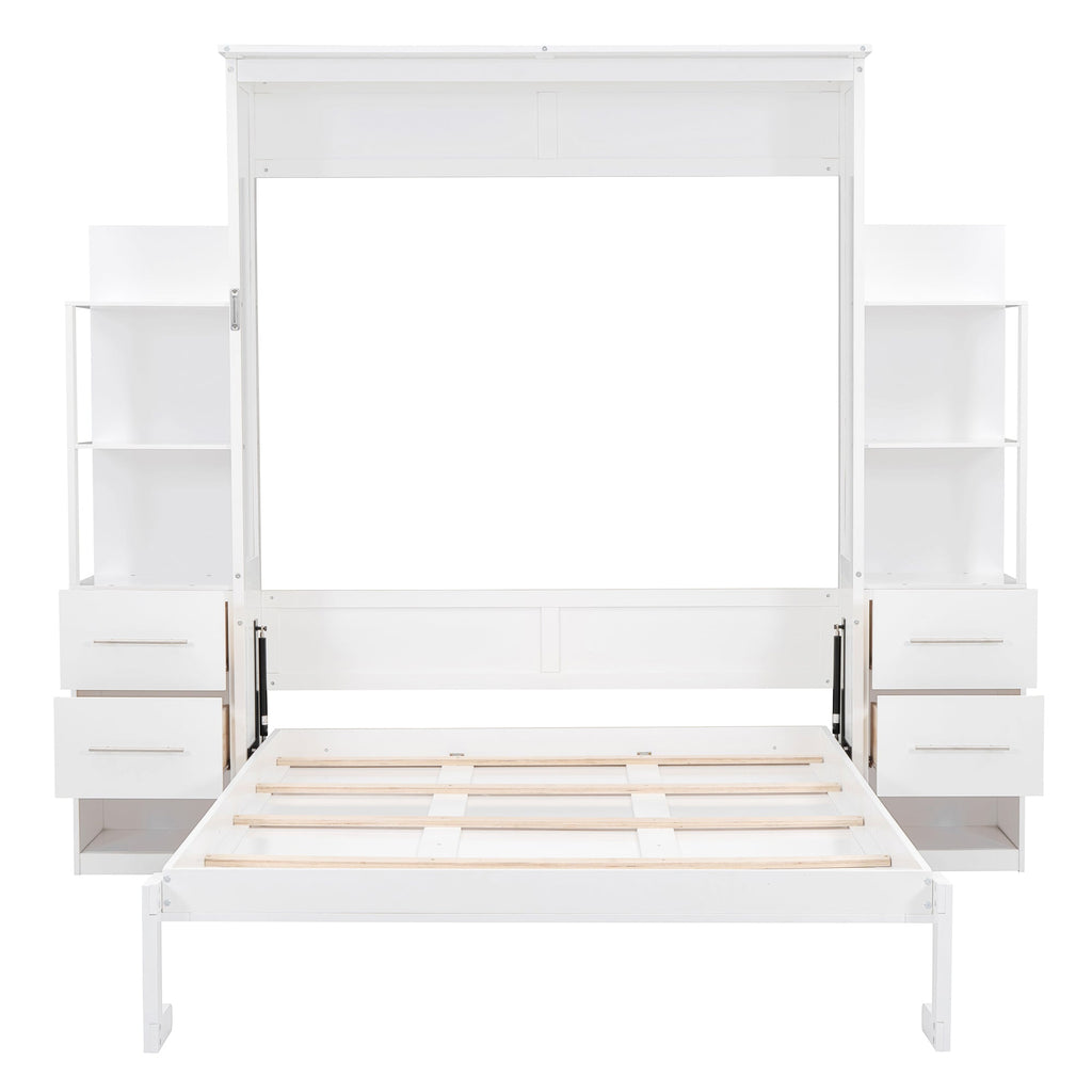 Queen Size Murphy Bed Wall Bed with Shelves, Drawers and LED Lights,White(OLD SKU:LP000566AAK-1)