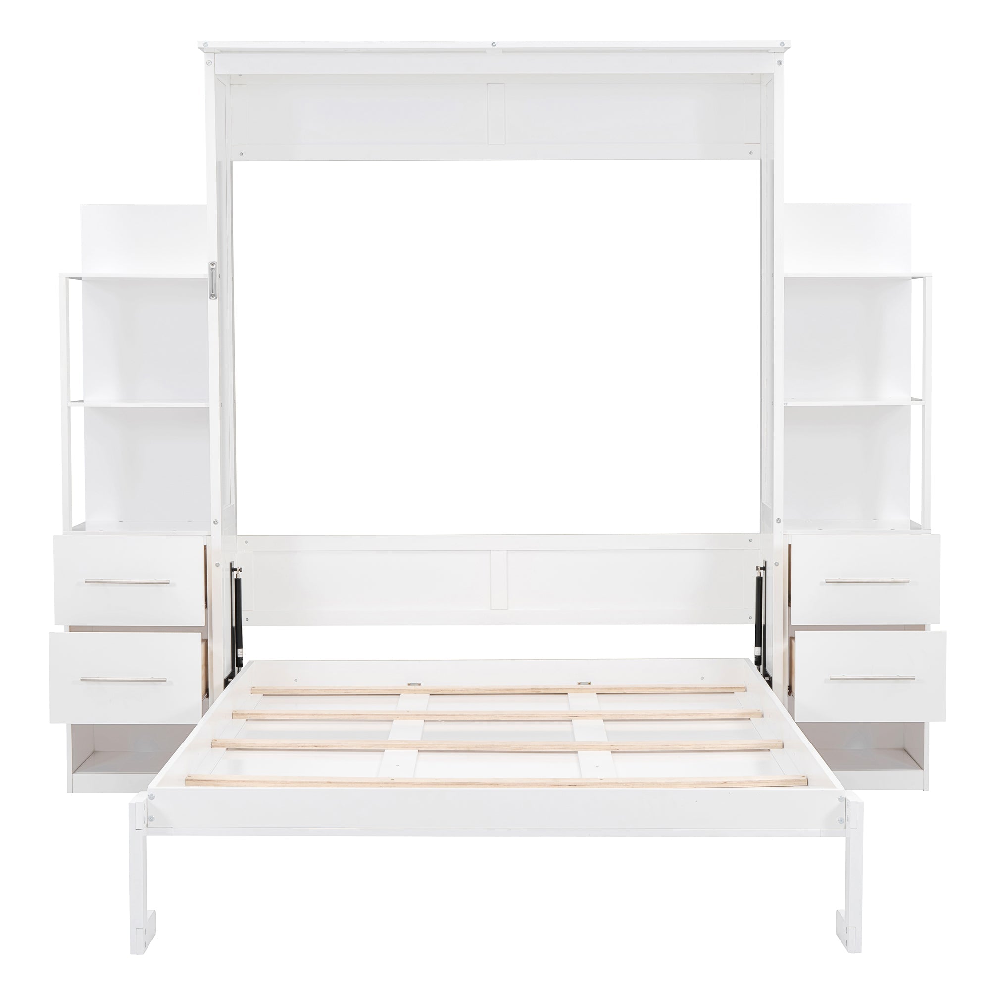 Queen Size Murphy Bed Wall Bed with Shelves, Drawers and LED Lights,White(OLD SKU:LP000566AAK-1)